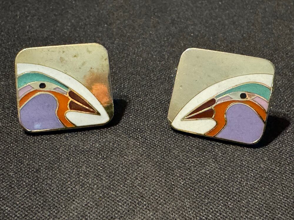 Vintage Laurel Burch “Tori-Mon” Bird of the Nile Cloisonné Post Earrings